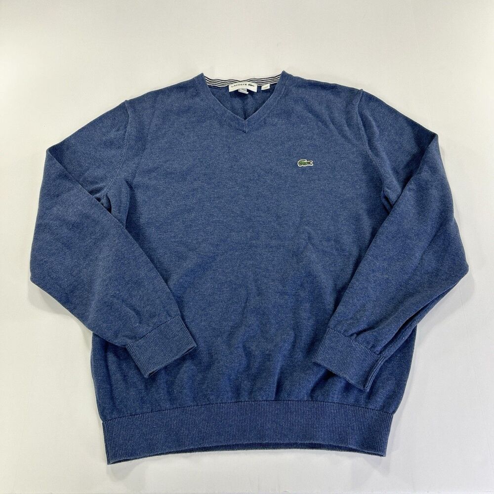 Lacoste Men's Size Medium V-Neck Cotton Sweater Blue Knit Pullover Long Sleeve